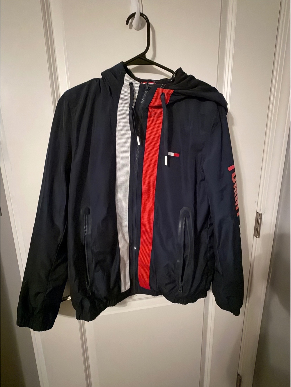 Tommy Hilfiger Navy Blue Hooded Windbreaker Jacket with Red and White Stripes
